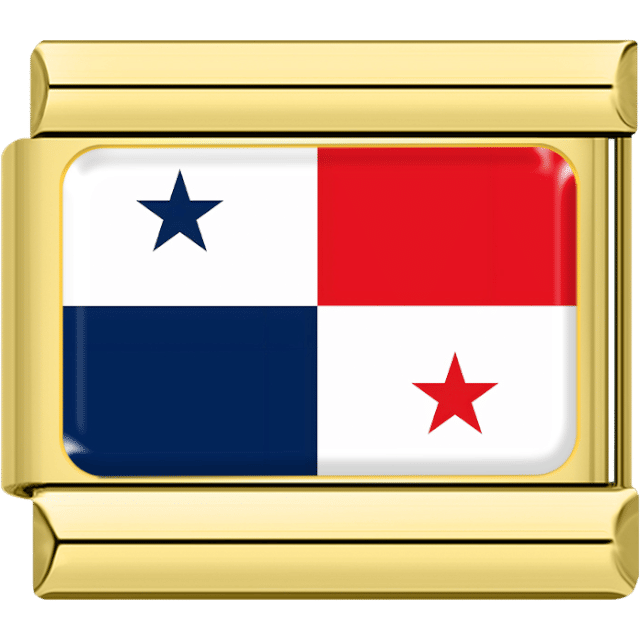 Gold rectangular Italian charm bracelet link featuring the flag of Panama, quartered with a blue star on white, red, blue, and a red star on white.